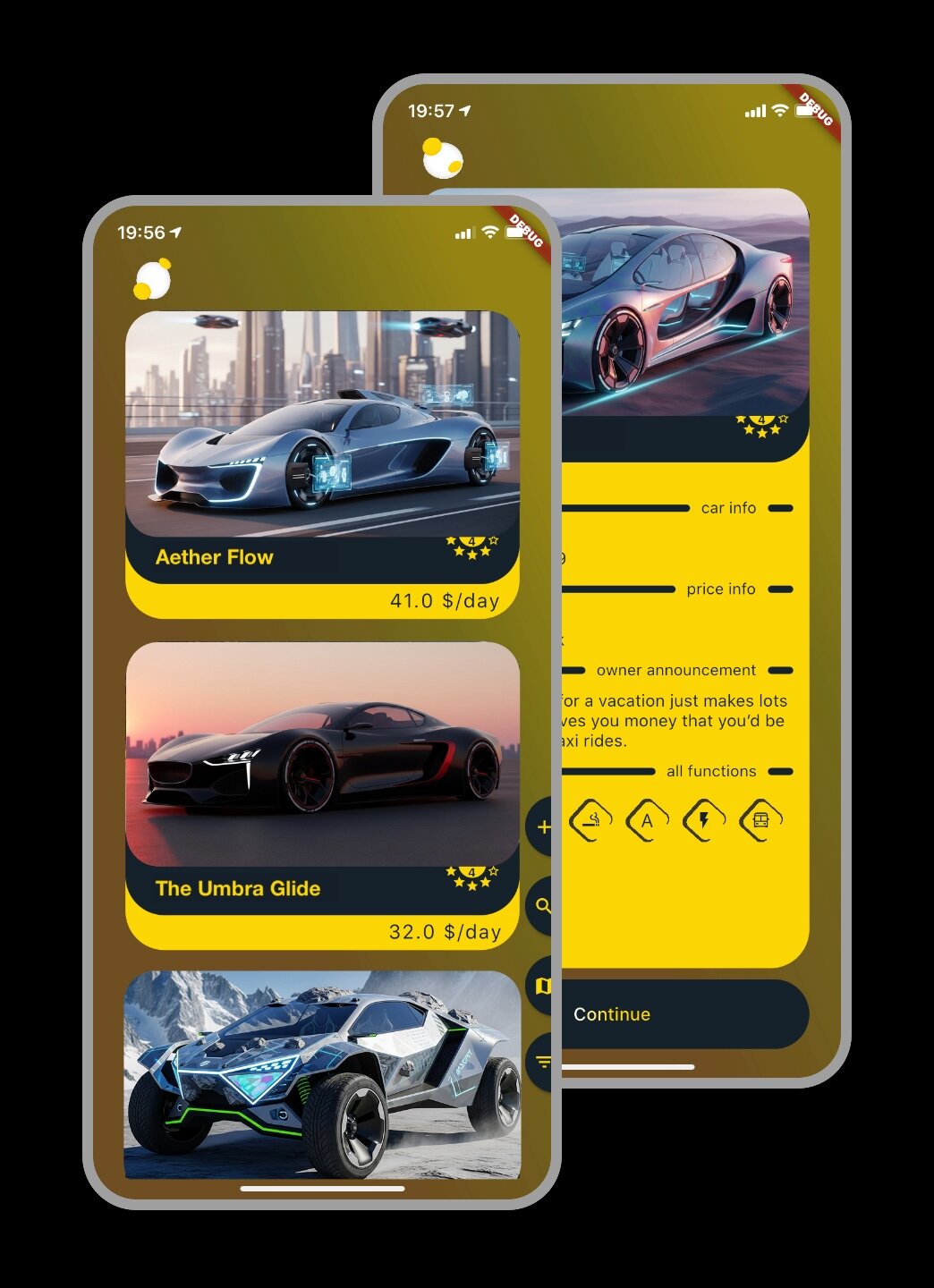 Screenshot of Hire Car App showing search results.