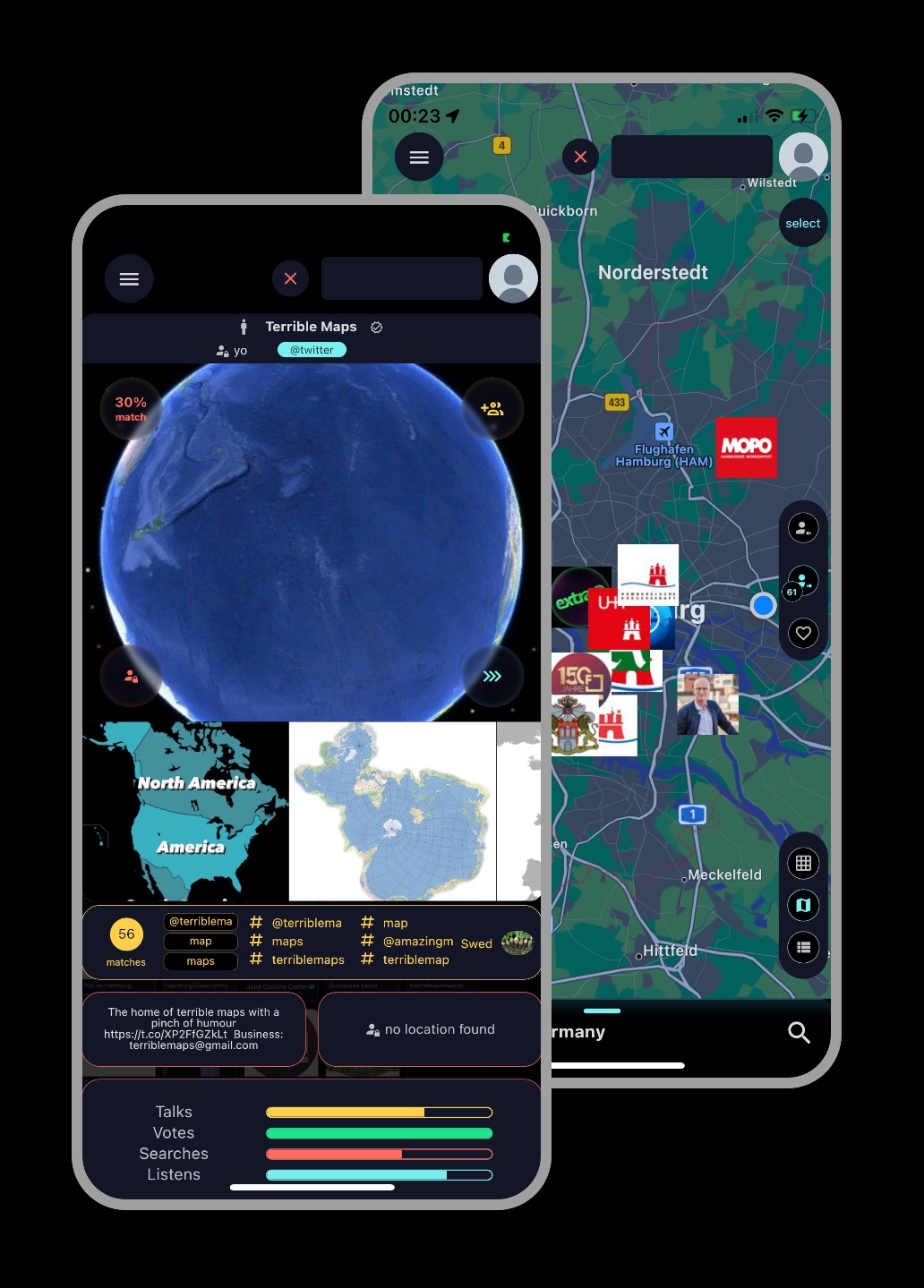 Screenshot of Talk Room App showing search by radius.